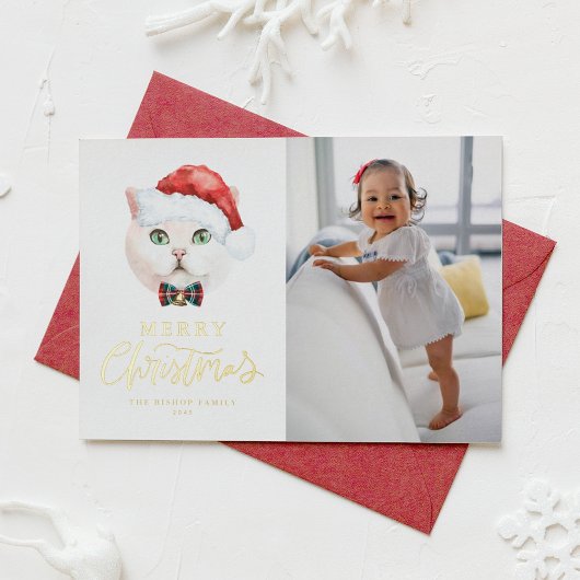 可愛いブリティッシュ・ショートヘア猫サンタ写真クリスマス 箔シーズンカード