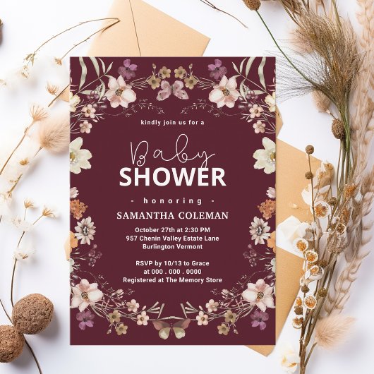 可愛いブルゴーニボホワイルドフラワーモダンベイビーシャワー 招待状