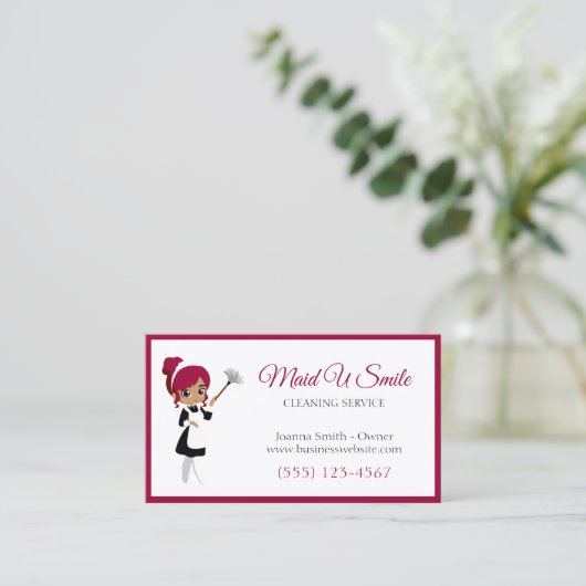 可愛いブルゴーニュ掃除メイド掃除サービス 名刺 (スタンド正面)
