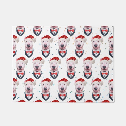 可愛いブルテリア犬のクリスマスパターン ドアマット (正面)