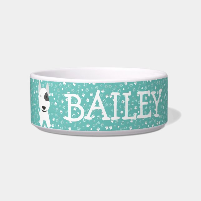 可愛いブルテリア犬カスタマイズ可能なネームボウル ボウル (正面)