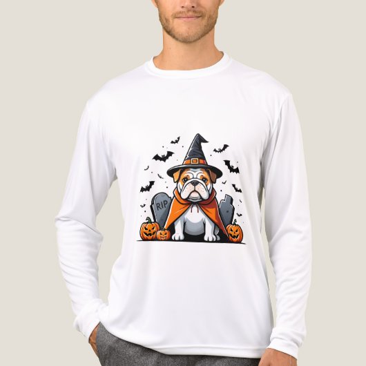 可愛いブルドッグハロウィーンTシャツ – ウィッチハット、かぼちゃ トライブレンドTシャツ (正面)