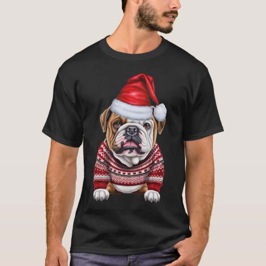 可愛いブルドッグ好きおもしろいクリスマス Tシャツ (正面)