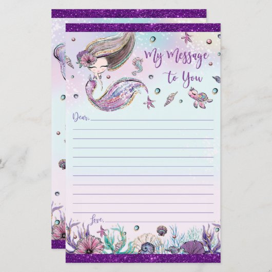 可愛いブルネット人魚タイムカプセルメッセージシート (正面/裏面)