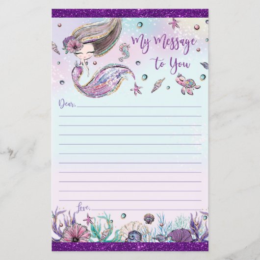 可愛いブルネット人魚タイムカプセルメッセージシート (正面)