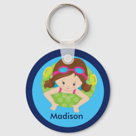 可愛いブルネット泳ぐ女の子とゴーグルカスタムブルー キーホルダー