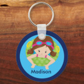 可愛いブルネット泳ぐ女の子とゴーグルカスタムブルー キーホルダー (正面)