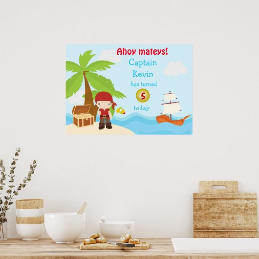 可愛いブルネット海賊ボーイ誕生日パーティーポスター ポスター (キッチン)