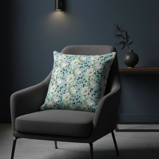 可愛いブルーお洒落ブラック&ホワイトフローラパッテン クッション