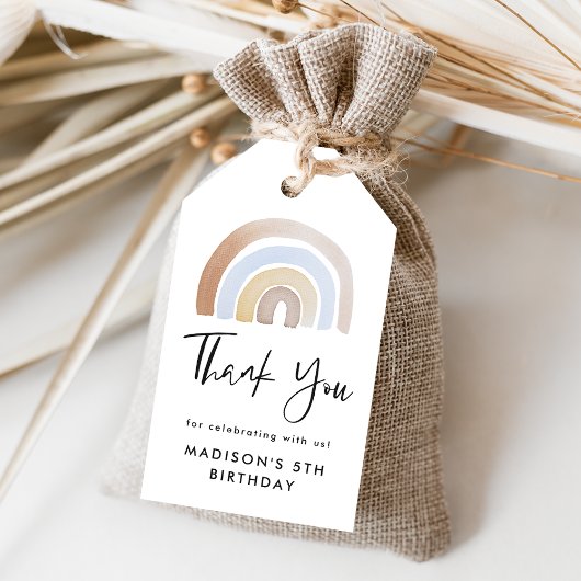 可愛いブルーとブラウンウォーターカラーレインボー誕生日 ギフトタグ