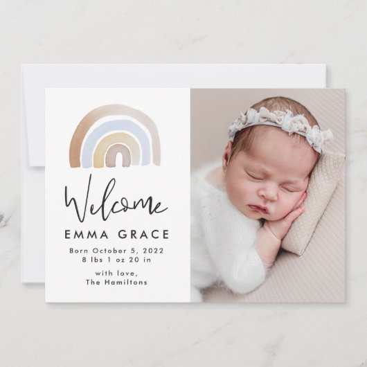 可愛いブルーとブラウンウォーターカラーレインボー誕生 案内状 (正面)