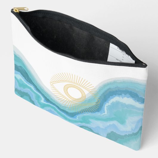 可愛いブルーと金ゴールドの水色ギリシャ目フェミニン アクセサリーポーチ (見開き)