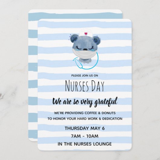 可愛いブルーのクマナースをマスクに – 感謝 招待状 (正面/裏面)