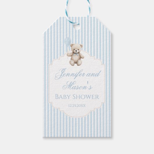 可愛いブルーのテディベア男の赤ちゃんシャワ感謝していーユー ギフトタグ (正面)