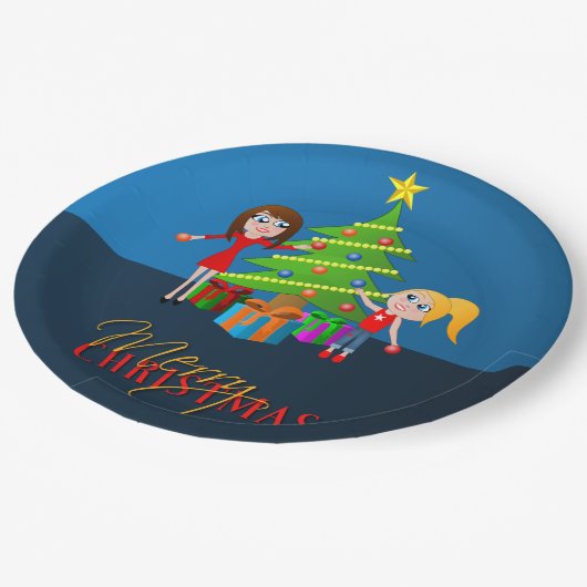可愛いブルーのメリークリスマスクリスマスツリー ペーパープレート (アングル)