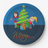 可愛いブルーのメリークリスマスクリスマスツリー ペーパープレート (正面)