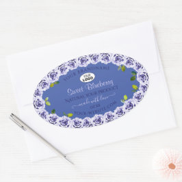 可愛いブルーの商品パッケージラベルかわいいバラロゴ 楕円形シール