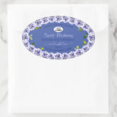 可愛いブルーの商品パッケージラベルかわいいバラロゴ 楕円形シール