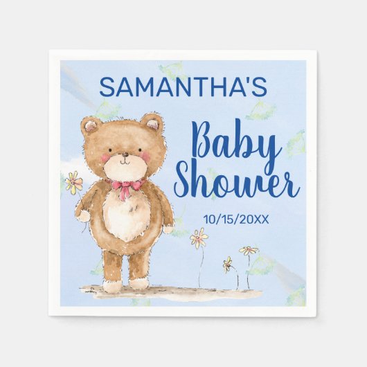 可愛いブルーの水色クマ男の子ベイビーシャワー スタンダードカクテルナプキン (正面)