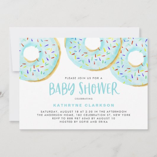 可愛いブルーの水色ドーナツ男の子ベイビーシャワー 招待状 (正面)