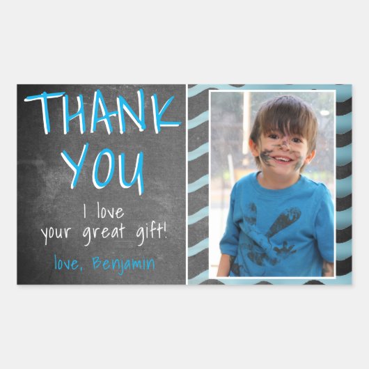 可愛いブルーの黒板誕生日写真ありがとう 長方形シール (正面)