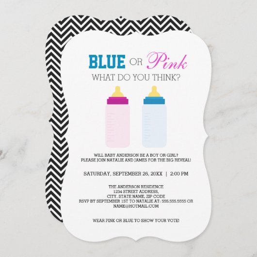 可愛いブルーまたはピンクのベビーボトル性別の表示パーティー 招待状 (正面/裏面)