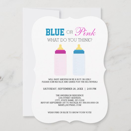 可愛いブルーまたはピンクのベビーボトル性別の表示パーティー 招待状 (正面)