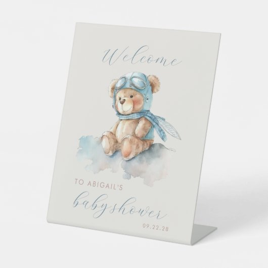 可愛いブルーアヴィエーターベアーボーイズ赤ちゃんシャワーへようこそ 台座サイン (正面)