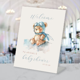 可愛いブルーアヴィエーターベアーボーイズ赤ちゃんシャワーへようこそ 台座サイン