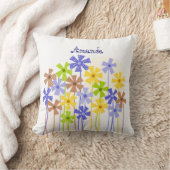 可愛いブルーイエローシンプルブラウン花スケッチ名 クッション (ブランケット)