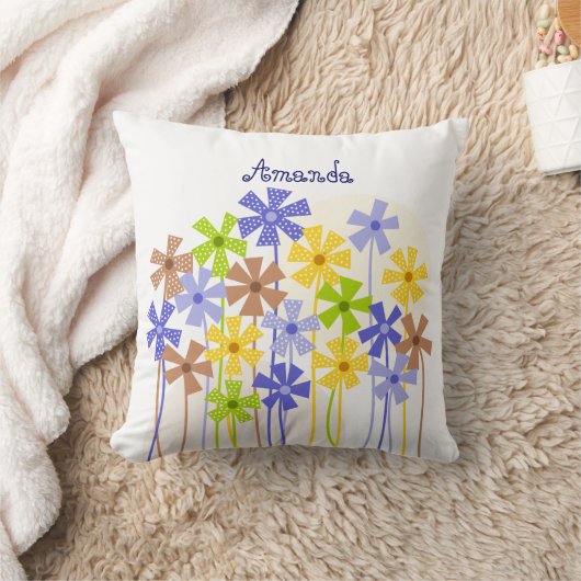 可愛いブルーイエローシンプルブラウン花スケッチ名 クッション (ブランケット)