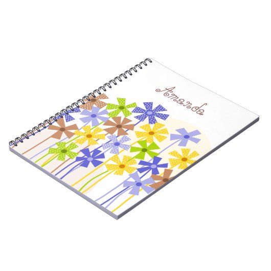 可愛いブルーイエローシンプルブラウン花スケッチ名 ノートブック (左側)