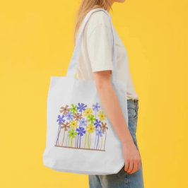 可愛いブルーイエローシンプルブラウン花スケッチ トートバッグ