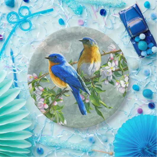 可愛いブルーイエローバードさくらんぼ花水色 ペーパープレート (パーティー)
