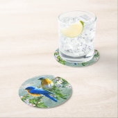 可愛いブルーイエローバードさくらんぼ花水色 ラウンドペーパーコースター (インサイチュ)