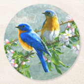 可愛いブルーイエローバードさくらんぼ花水色 ラウンドペーパーコースター (正面)