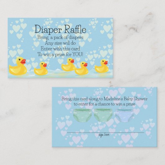 可愛いブルーイエローラバーアヒル赤ちゃんシャワー エンクロージャーカード (正面/裏面)