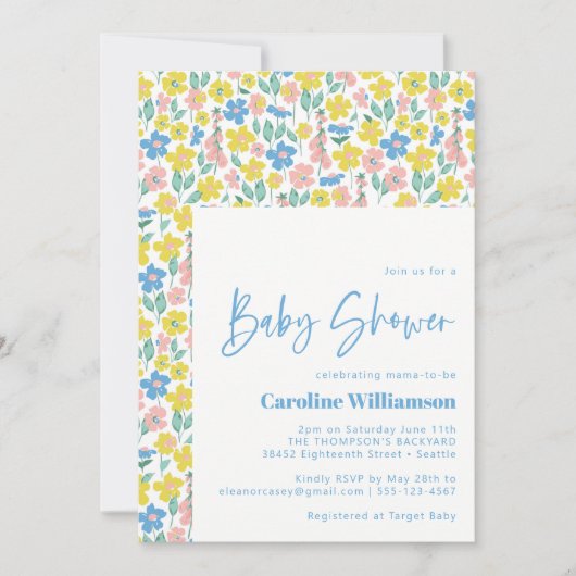 可愛いブルーイエローヴィンテージフローラベビーシャワー 招待状 (正面)