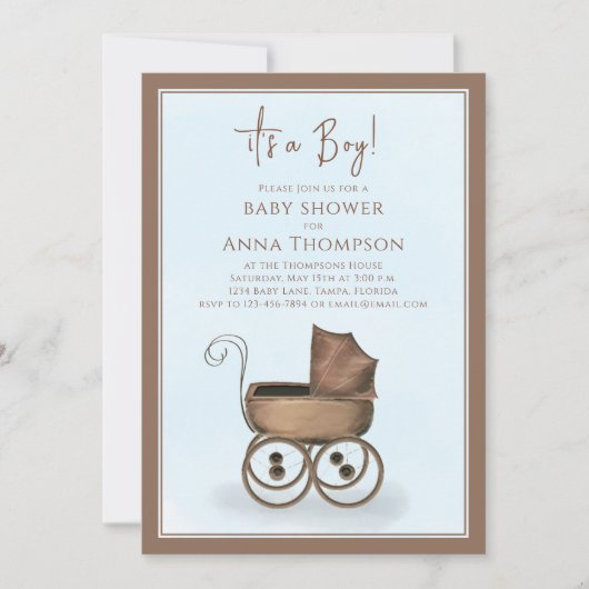 可愛いブルーイッツアボーイヴィンテージベビー車クラシック 招待状 (正面)
