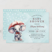 可愛いブルーウォーターカラーエレファントボーイ赤ちゃんシャワー 招待状 (正面/裏面)