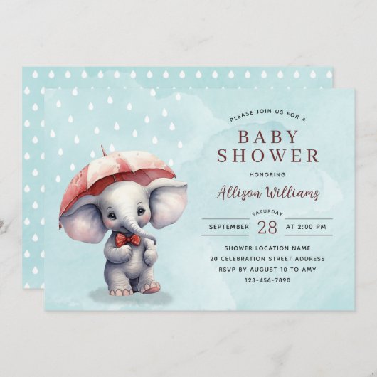 可愛いブルーウォーターカラーエレファントボーイ赤ちゃんシャワー 招待状 (正面/裏面)