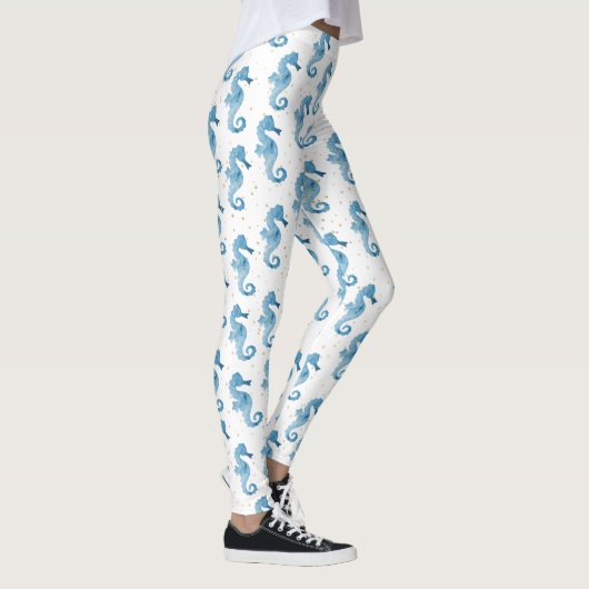 可愛いブルーウォーターカラーシーホース金ゴールドキラキラ レギンス (右)