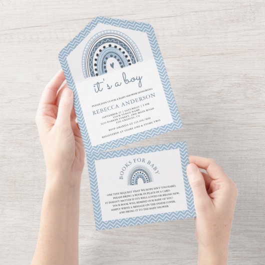 可愛いブルーウォーターカラーボホレインボーベビーシャワー オールインワン招待状 (貼ってはがせる)