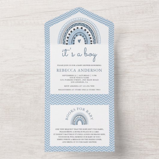 可愛いブルーウォーターカラーボホレインボーベビーシャワー オールインワン招待状 (内側)