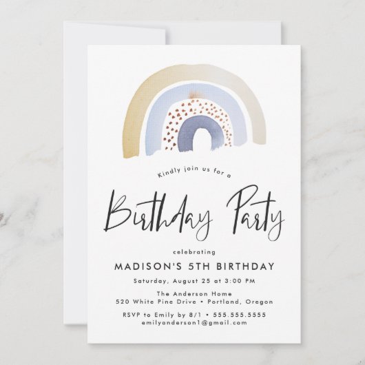 可愛いブルーウォーターカラーレインボーバースデーパーティー 招待状 (正面)