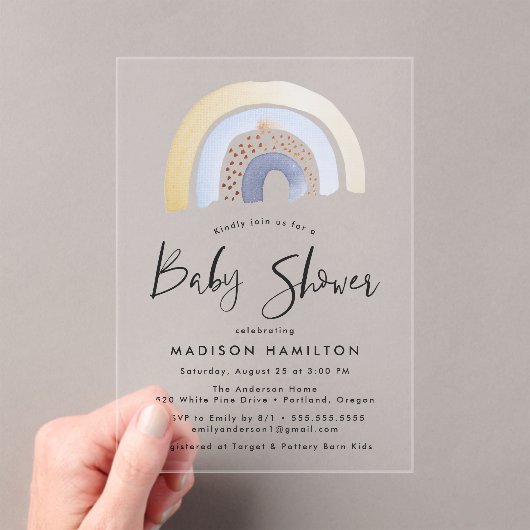 可愛いブルーウォーターカラーレインボーベビーシャワー アクリル招待状 (インサイチュ (ポータブル))