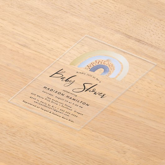 可愛いブルーウォーターカラーレインボーベビーシャワー アクリル招待状 (レイダウン)