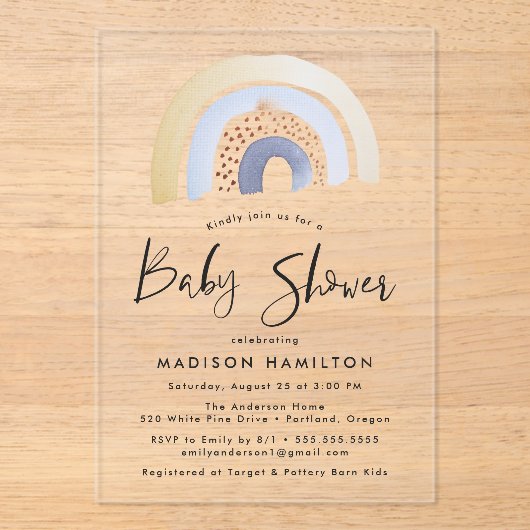 可愛いブルーウォーターカラーレインボーベビーシャワー アクリル招待状 (正面)