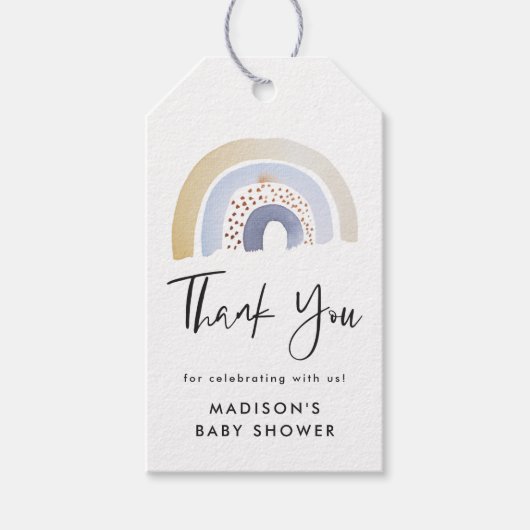 可愛いブルーウォーターカラーレインボーベビーシャワー ギフトタグ (正面)