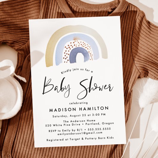 可愛いブルーウォーターカラーレインボーベビーシャワー 招待状